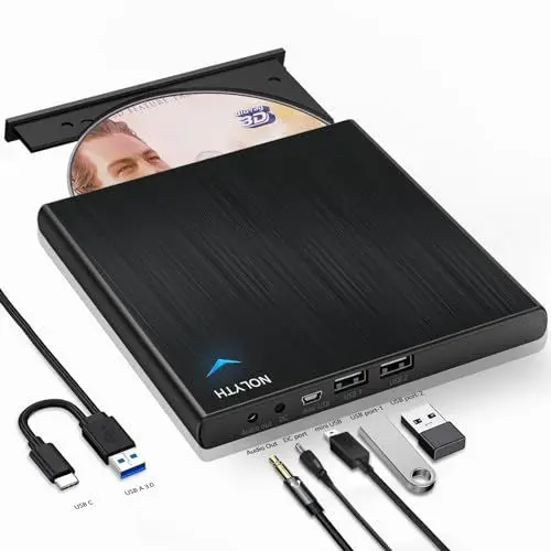 Produktbild: NOLYTH Bluray Laufwerk Extern, Externes Blu Ray Laufwerk Bluray Brenner Extern mit 1 Audio 2 USB Slots, USB C Externe Blu-ray Laufwerke Bluray Player für Laptop Mac PC Windows MacBook