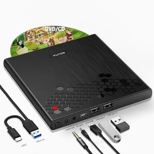 Produktbild: NOLYTH Externes CD Laufwerk für Laptop, Slot-in DVD Laufwerk Extern, CD Laufwerk Extern USB mit 1 Audio 2 USB Slots, Externe Optische Laufwerke DVD Brenner Externes Laufwerk für Mac Windows PC MacBook