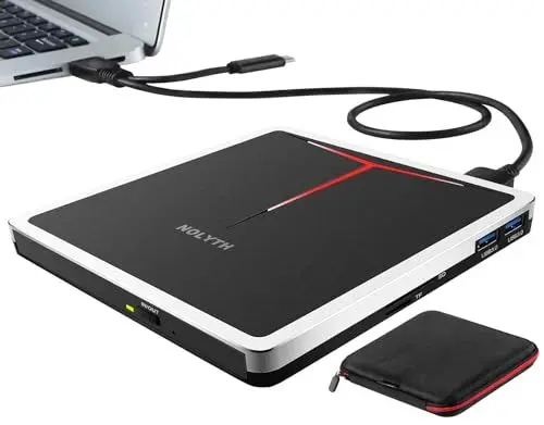 Produktbild: NOLYTH Externes DVD Laufwerk, CD Laufwerk Extern USB für Laptop, Externe Optische Laufwerke DVD Brenner Extern mit SD TF 2 USB Ports, Tragbar Externes Laufkwerk DVD Play für Mac PC MacBook Windows