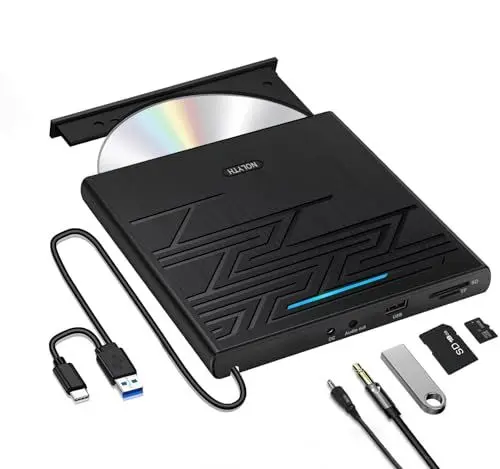 Produktbild: NOLYTH Externes DVD Laufwerk Extern USB 3.0 Type-C Tragbar CD/DVD RW Brenner mit USB/SD/TF Port & Audio Out, Externe CD Laufwerk Player für Laptop PC Windows 11/10 Mac MacBook iMac