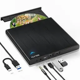 Produktbild: NOLYTH Externes DVD Laufwerk Extern, Externes CD Laufwerk Extern USB mit 1 Audio 2 USB Slots, Externe Optische Laufwerke DVD Brenner Extern Externes Laufwerk für Laptop Mac PC MacBook Windows