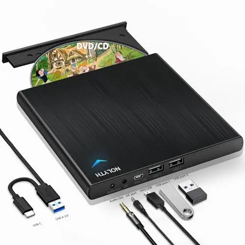 Produktbild: NOLYTH Externes DVD Laufwerk Extern, Externes CD Laufwerk Extern USB mit 1 Audio 2 USB Slots, Externe Optische Laufwerke DVD Brenner Extern Externes Laufwerk für Laptop Mac PC MacBook Windows