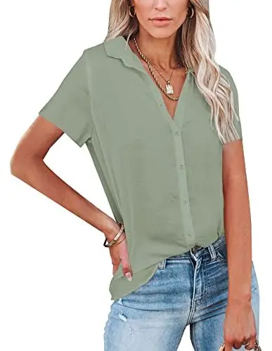 Produktbild: NONSAR Damen Bluse V-Ausschnitt Hemden Elegant Kurze Ärmel Casual Arbeit Oberteile mit Knöpfen Tops Kurze Ärmel Shirt(9342M,Erbsengrün)