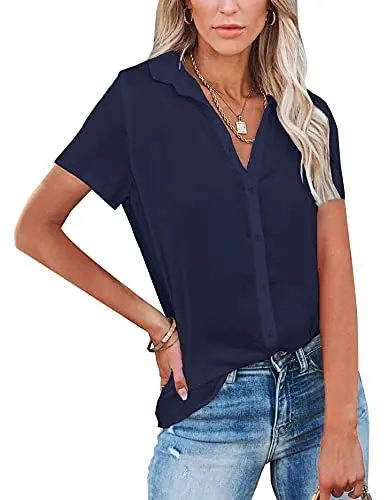 Produktbild: NONSAR Damen Bluse V-Ausschnitt Hemden Elegant Kurze Ärmel Casual Arbeit Oberteile mit Knöpfen Tops Kurze Ärmel Shirt(9342XXL,Dunkelblau)