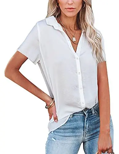 Produktbild: NONSAR Damen Bluse V-Ausschnitt Hemden Elegant Kurze Ärmel Casual Arbeit Oberteile mit Knöpfen Tops Kurze Ärmel Shirt(9342XXL,Weiß)