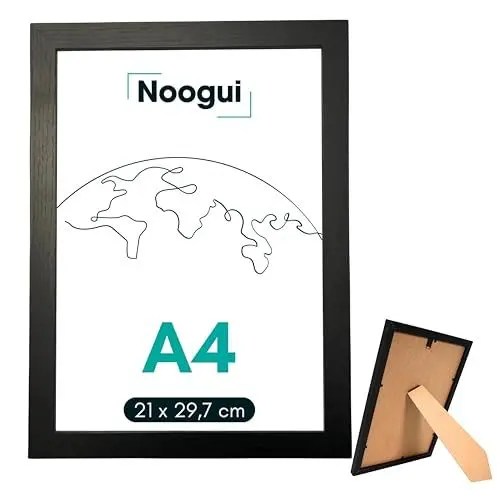 Produktbild: NOOGUI Bilderrahmen A4 Holz Schwarz | DIN A4 Rahmen Entspiegelt | für Fotos und Diplome | Holzrahmen für Wandmontage vertikal & horizontal 21x30 Cm