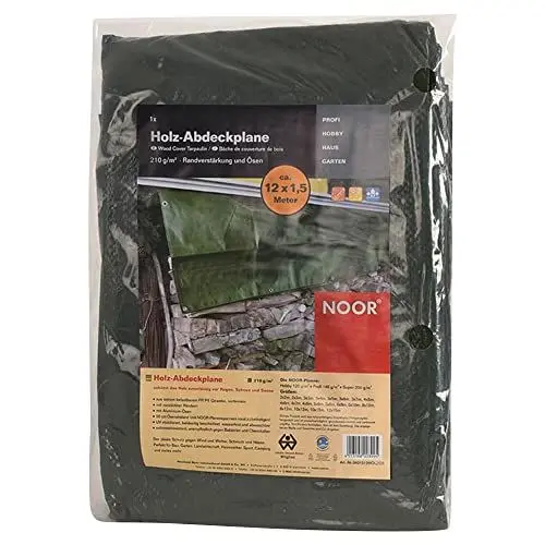 Produktbild: NOOR Holz-Abdeckplane 1,5 x 12 m I wasserdichte Abdeckplane mit Ösen aus extrem belastbarem PE-Gewebe 210 gr/m² I Hochwertige & schützende Gewebe-Plane I 2 Jahre Garantie I Outdoor geeignet I Grün