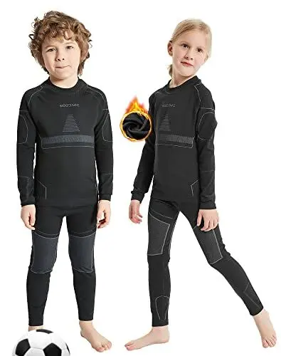 Produktbild: NOOYME Funktionsunterwäsche Kinder Skiunterwäsche Kinder Thermounterwäsche Kinder Atmungsaktiv & Hautfreundlich Sportunterwäsche Kinder Fussball,Schwarz-grau (146/152) 150-155cm
