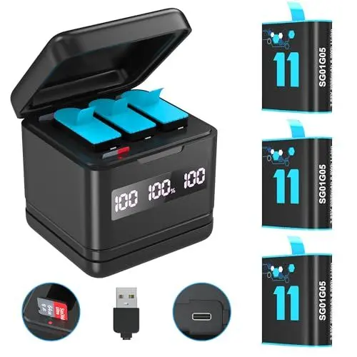 Produktbild: NOPWOK 3x2000mAh Akku für GoPro Hero 9, 10, 11, 12 Schwarze Kameras und Schnellladegerät mit integriertem SD-Kartenleser