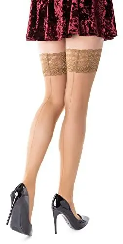 Produktbild: NOQ Damen halterlose Strümpfe mit Rückennaht Oberschenkel hoch 15 DEN im Abendstil sexy mit Spitzenbändern Damen Dessous Penelope, Beige S