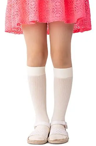 Produktbild: NOQ Gestreifte Kniestrümpfe aus Viskose für Mädchen 100 DEN bequem weich warm flexibel für Kleinkinder niedlich Schuluniform Kleid über der Wade ein Paar Molly, Cream 18/22 cm