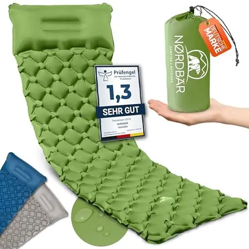 Produktbild: NORDBÄR® Camping Isomatte aufblasbar & Ultraleicht (mit oder ohne Kissen)| Iso Luftmatratze kleines Packmaß für Camping, Outdoor & Zelten | Campingmatte, Schlafmatratze, Reisematratze