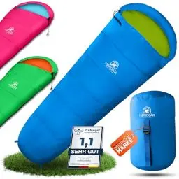 Produktbild: NORDBÄR® Kinderschlafsack für Jungs & Mädchen bis 145 cm Körpergröße | Innenfutter aus 100% Baumwolle | Mumienschlafsack leicht & warm | Kinder Outdoor Schlafsack (1200g) Kinderschlafsäcke