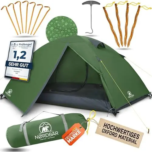 Produktbild: NORDBÄR® Zelt für 1-2 Personen Ultraleicht & wasserdicht | 1-2 Mann Zelt für Camping, Trekking, Festival | Outdoor, Trekkingzelt, Campingzelt