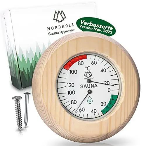 Produktbild: NORDHOLZ® Sauna Thermometer Hygrometer 2in1 - Zuverlässig & genau für die richtige Temperatur und Luftfeuchtigkeit - Sauna Hygrometer für eine wohltuenden Atmosphäre - Edles Sauna Zubehör