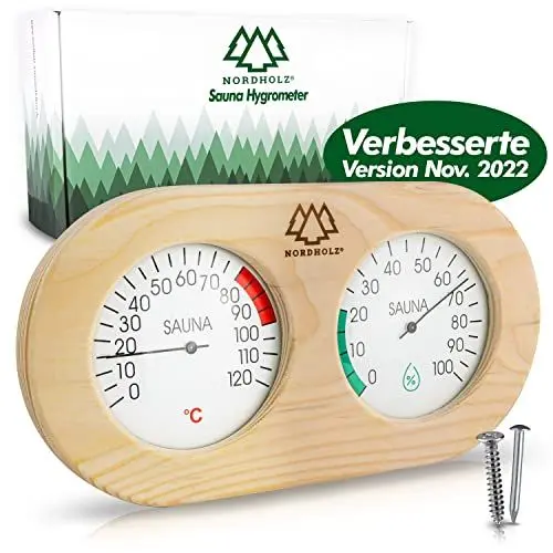 Produktbild: NORDHOLZ® Sauna Thermometer Hygrometer 2in1 - Zuverlässig & genau für die richtige Temperatur und Luftfeuchtigkeit - Sauna Hygrometer für eine wohltuenden Atmosphäre - Hochwertiges Sauna Zubehör