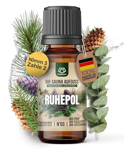 Produktbild: NORDHOLZ® Saunaaufguss BIO (NATURREINE ÄTHERISCHE BIO-ÖLE) Sauna Aufgussmittel #3 Ruhepol 10ml Zirbe, Eukalyptus, Latschenkiefer - Sauna Aufguss