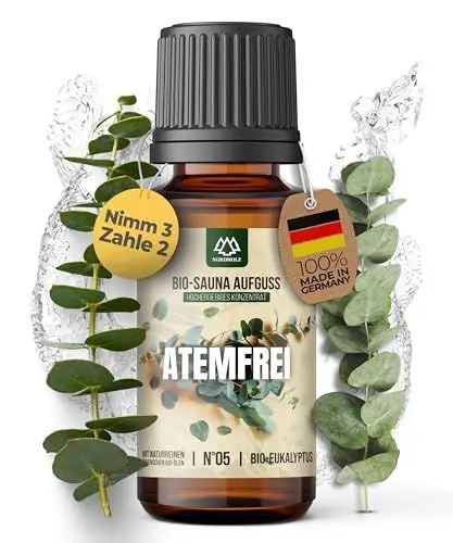 Produktbild: NORDHOLZ® Saunaaufguss BIO (NATURREINE ÄTHERISCHE BIO-ÖLE) Sauna Aufgussmittel #5 Atemfrei 10ml Eukalyptus - Sauna Aufguss aus Franken - Saunaöl