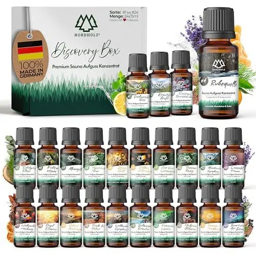 Produktbild: NORDHOLZ® Saunaaufguss Discovery Box 24x15ml ( #1-#24 NATURREINE ÄTHERISCHE ÖLE) Sauna Aufgussmittel - Sauna Aufguss aus Franken - Sauna Zubehör