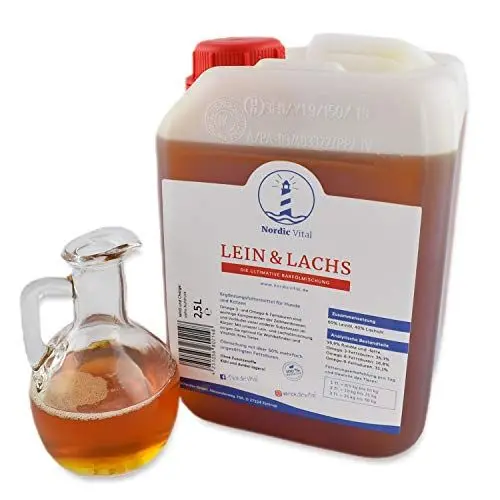 Produktbild: NordicVital Leinöl & Lachsöl für Hunde u. Katen 2,5L Kanister Barföl Mischung Omega 3, 6 und 9 – Naturprodukt. Perfekt zum Barfen