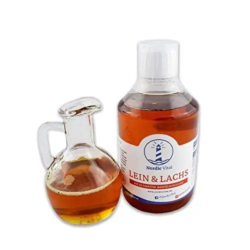 Produktbild: NordicVital Leinöl & Lachsöl 500ml Flasche Barföl Mischung für Hunde & Katzen – Omega 3, 6 und 9 – Naturprodukt & ohne Zusätze Perfekt zum Barfen