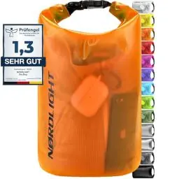 Produktbild: Nordlight Dry Bag 5L Wasserdichter Beutel - (Orange) Wasserdichter Packsack Mit Roll Top Verschluss Und Schultergurt | Schwimmen, Baden, Strand, Kanu, Stand Up Paddling, Tauchen
