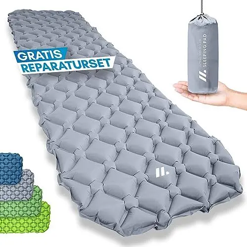 Produktbild: NORDMUT® Isomatte Ultraleicht (mit Reparaturset) - Aufblasbare Luftmatratze Camping kleines Packmaß - Camping Matratze Wetterfest für Outdoor Zelt & Festivals - Grau