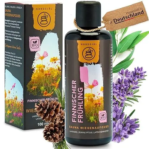 Produktbild: Nordsjal Saunaaufguss Wiesenaufguss (ECHTE BIO-ÖLE) Lavendel Eukalyptus Latschenkiefer (100 ml) Sauna Aufguss. Sauna Aufgussmittel als Sauna Zubehör