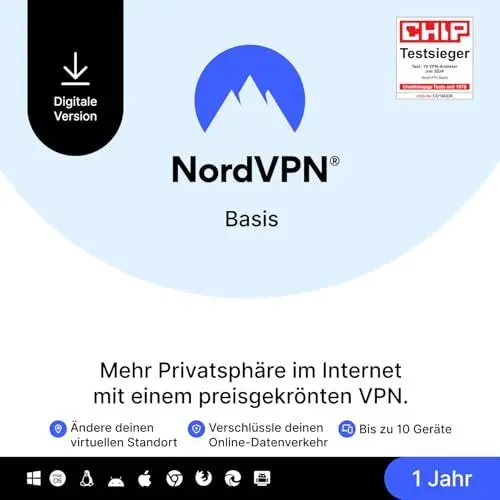 Produktbild: NordVPN Basis, 10 Geräte, 1 Jahr, Premium-VPN-Software, Digitaler Code