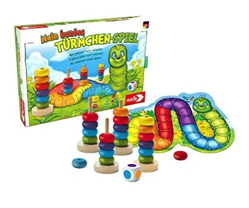 Produktbild: Noris 606011235 Mein buntes Türmchen-Spiel – Farblernspiel mit großer Raupe und Stapelsteinen, Holzspielzeug, 2 – 4 Spieler, für Kinder ab 3 Jahren