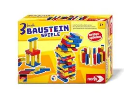 Produktbild: Noris 606012165 - 3 bunte Baustein-Spiele (Bauklötze ab 3 Jahre) - 54 Holz-Bausteine mit 3 Spiel-Ideen (Wackelturm, Häuser bauen & Domino-Schlange), Spielzeug für Kinder