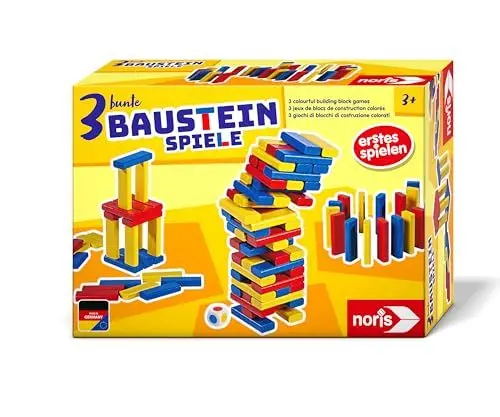 Produktbild: Noris 606012165 - 3 bunte Baustein-Spiele (Bauklötze ab 3 Jahre) - 54 Holz-Bausteine mit 3 Spiel-Ideen (Wackelturm, Häuser bauen & Domino-Schlange), Spielzeug für Kinder