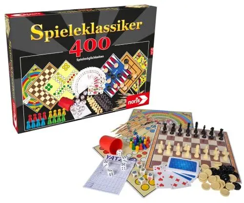 Produktbild: Noris 606111688 Spieleklassiker mit 400 Spielmöglichkeiten wie Yatzy, Mikado, Mühle, Dame, Backgammon oder Nur keine Aufregung, für 1 bis 6 Spieler ab 6 Jahren