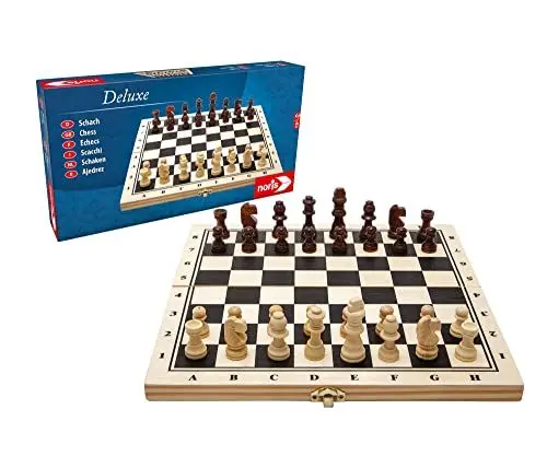 Produktbild: noris 606108014 Deluxe Schach, der beliebte Spieleklassiker aus Holz mit großen Holzfiguren, auch für unterwegs geeignet, ab 6 Jahren, Braun,beige
