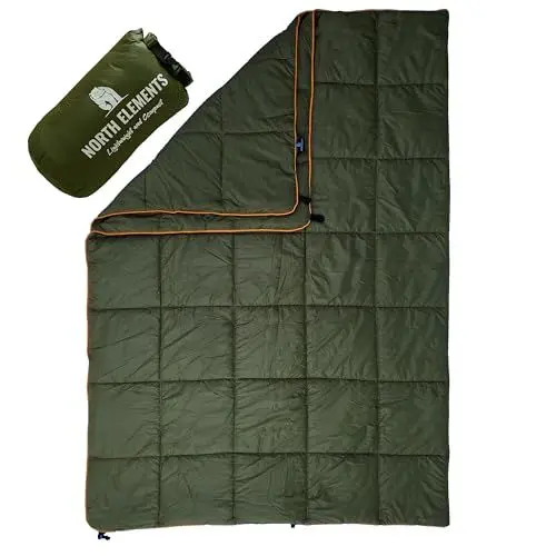 Produktbild: North Elements Campingdecke – Verstaubar, Wasserdicht und Warm | 650 Fill Power | Perfekt leicht & kompakt für Camping, Wandern, Reisen, Hängematte | 200 x 140 cm (Oliv/Orange)
