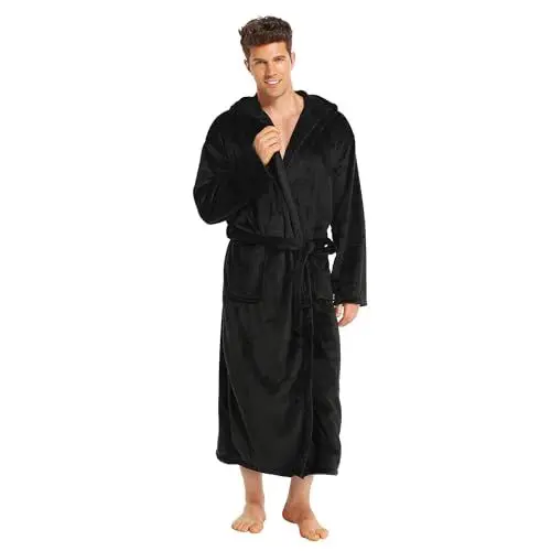 Produktbild: North Bund Herren Bademantel Morgenmantel Flanell Nachtwäsche Frottee Flauschig Lang Edler Weicher Kimono Mit Kapuze Mikrofaser Farb- Größenauswahl Schwarz S/M