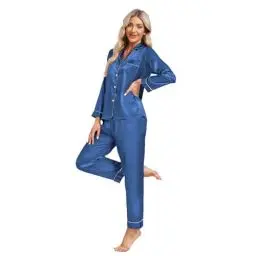 Produktbild: North Bund Satin Langarm Schlafanzug Damen Pyjama Sets Nachtwäsche Sleepwear Loungewear V-Ausschnitt Zweiteiliger Pyjamas Hausanzug Blau L