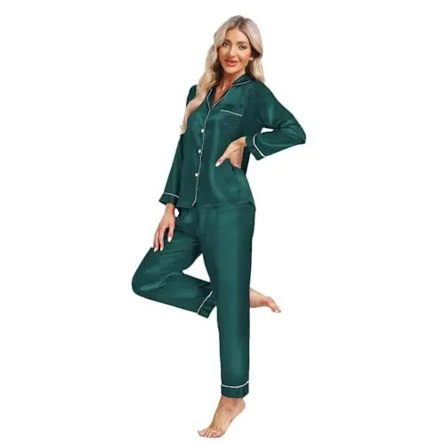Produktbild: North Bund Satin Langarm Schlafanzug Damen Pyjama Sets Nachtwäsche Sleepwear Loungewear V-Ausschnitt Zweiteiliger Pyjamas Hausanzug Grün M