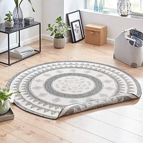 Produktbild: NORTHRUGS In- und Outdoor Teppich Jamaica Rund ⌀140cm - Wendeteppich Wetterfest Modern Grafisches Design Läufer für Balkon Terrasse Garten Wintergarten Wohnzimmerteppich Wasserfest in Grau Creme