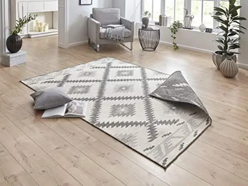 Produktbild: NORTHRUGS In- und Outdoor Teppich Malibu 80x150cm - Wendeteppich Wetterfest Modern Geometrisches Muster Läufer für Balkon Terrasse Garten Wintergarten Wohnzimmerteppich Wasserfest in Grau Creme