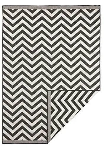 Produktbild: NORTHRUGS In- und Outdoor Teppich Palma 80x150cm - Wendeteppich Wetterfest Modernes Design Zick-Zack Muster Läufer für Balkon Terrasse Garten Wintergarten Wohnzimmerteppich Wasserfest in Schwarz Creme
