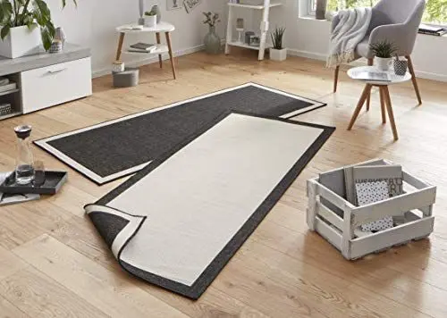 Produktbild: NORTHRUGS In- und Outdoor Teppich Panama 80x150cm - Wendeteppich Wetterfest Modernes Uni Design mit Bordüre Läufer für Balkon Terrasse Garten Wintergarten Wohnzimmerteppich Wasserfest in Schwarz Creme
