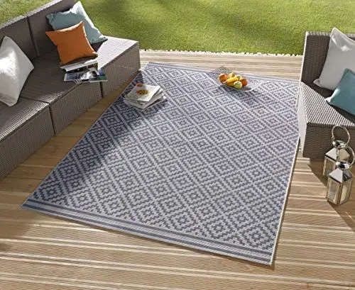 Produktbild: NORTHRUGS In- und Outdoor Teppich Raute 140x200cm - Wetterfest Modern Geometrisches Raute Muster Design Läufer für Balkon Terrasse Garten Wintergarten Wohnzimmerteppich Wasserfest in Blau Creme