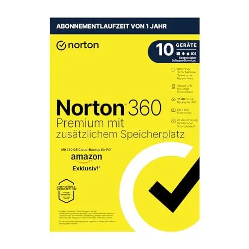 Produktbild: Norton 360 Premium mit extragroßer Backup-Kapazität – Amazon Exklusiv* 75GB zusätzlicher Cloud-Backup Speicher. Antivirus Software für 10 Geräte und einem Jahr Laufzeit