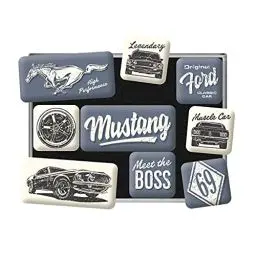 Produktbild: Nostalgic-Art Retro Kühlschrank-Magnete, 9 Stück, Ford Mustang – The Boss – Geschenk-Idee für Ford-Zubehör Fans, Magnetset für Magnettafel, Vintage Design