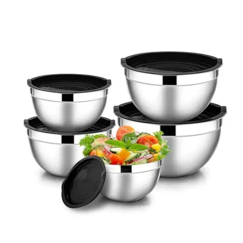 Produktbild: Notcilgias Rührschüssel 5er Set, Edelstahl Schüssel mit Deckel für die Küchenaufbewahrung – Silbernes Edelstahl-Rührschüssel-Set zum Kochen von Lebensmitteln, Salat, Braten (5er Set)