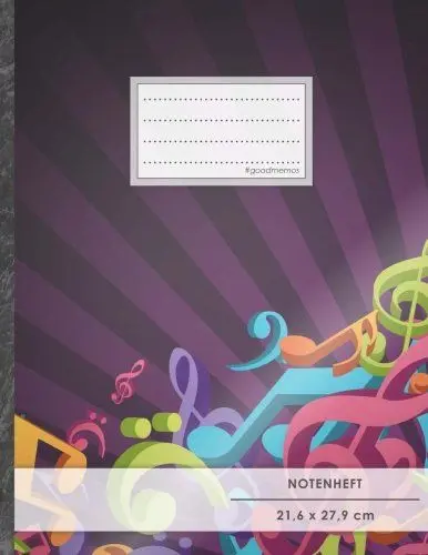 Produktbild: Notenheft: DIN A4 • 48 Seiten, 24 Blatt, 12 Systeme, „Bunte Noten“ • Original #GoodMemos Schulheft • Mit Inhaltsverzeichnis und Seitenzahlen, Noten-Lineatur 14