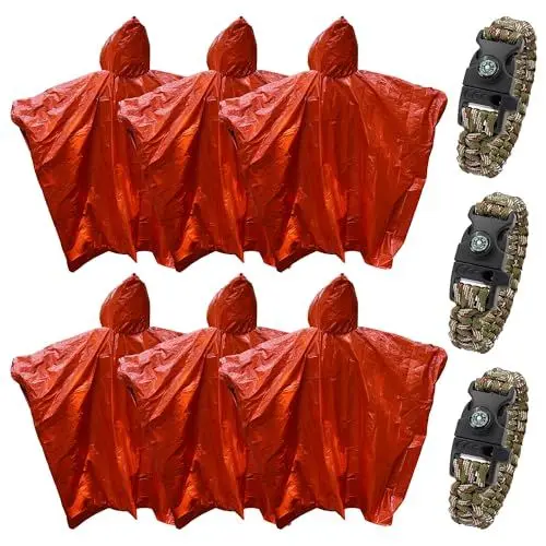Produktbild: Notfallponcho, 3-in-1-Notfall-Armband, Notfall-Isolationsdecke, Überlebens-Campingdecke, geeignet für Marathons, Outdoor-Reisen, Wandern oder Erste Hilfe, 6 Stück (orange)