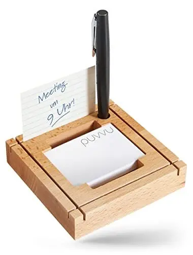 Produktbild: Notizen Organizer - Zettelbox mit Stifthalter - Karteikarten Box für DIN A8 (52 × 74 mm) - Notizzettel Box Holz - Visitenkartenhalter - Karteikasten - Zettelkasten - Notizzettelhalter