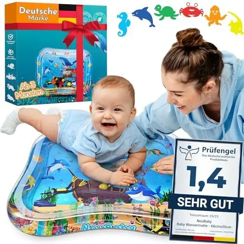 Produktbild: NouBaby® Wassermatte Baby BPA Frei Groß I Babymatte und Spielzeug ab 3, 6 und 9 Monate I Wasserspielmatte Baby, Aqua Matte Baby als Baby Wassermatte, Bauchlage Spielzeug Baby und Baby Matte Wasser